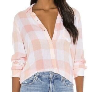 Rails Charli Pip Peach Blus White Plaid Linen Blend Button Down Shirt Large